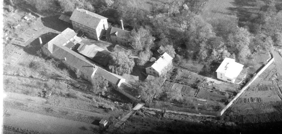 Historische Mühle im Schlossgarten von oben