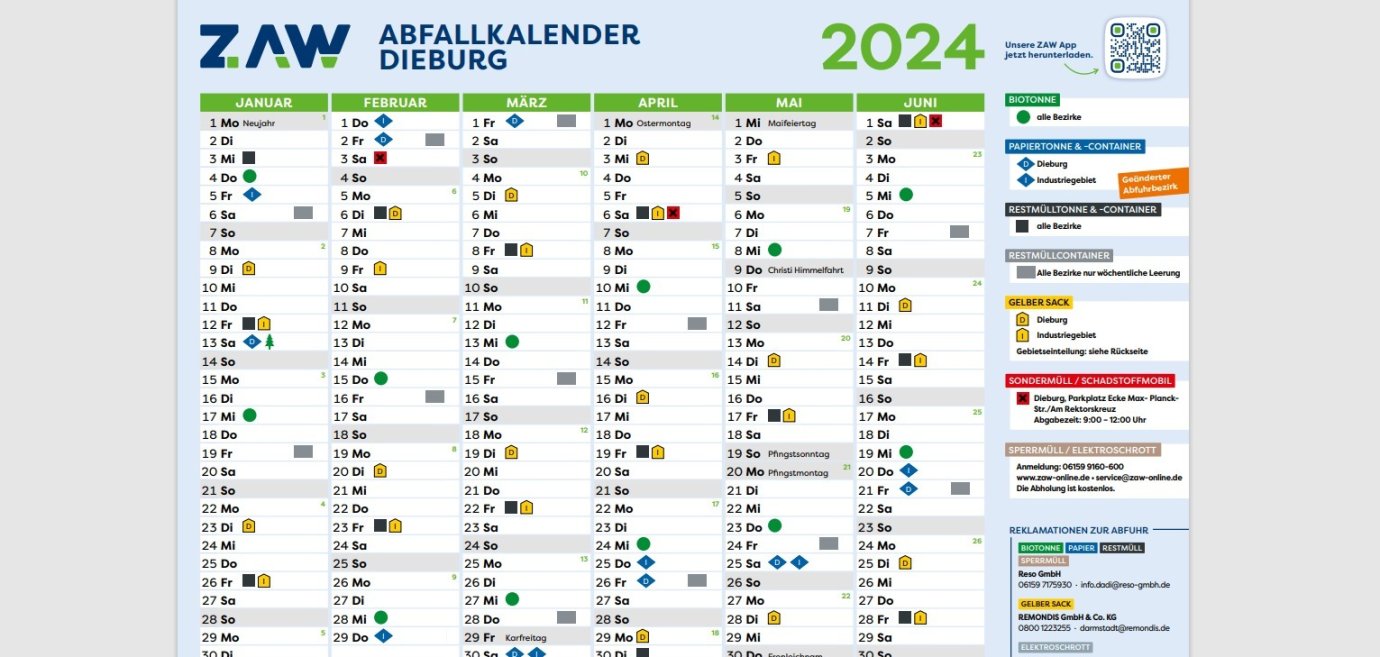 Abfallkalender 2024 Stadt Dieburg